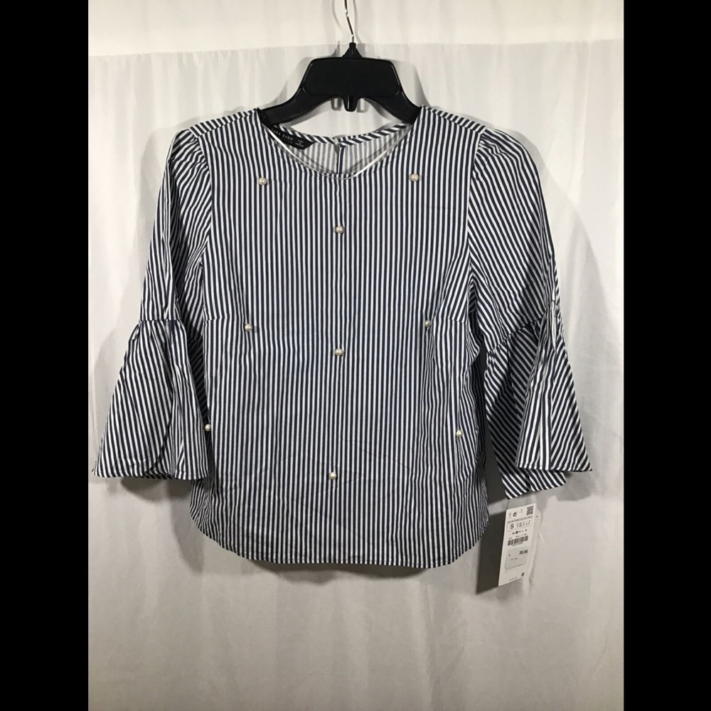 NWT Zara Poplin Stripe Top with faux pearls‎ Blue/White [ SZ Small ] #3595